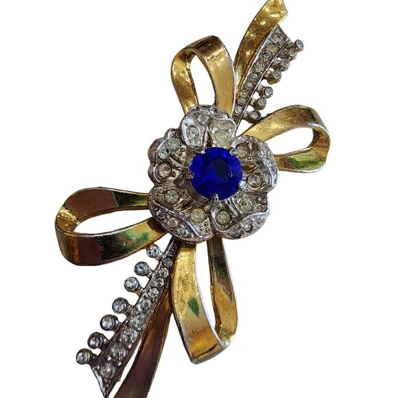 Antique Heavy Gold Plated 30's Rhinestone Bow Flower Brooch (A1802) - Picture 4 of 7